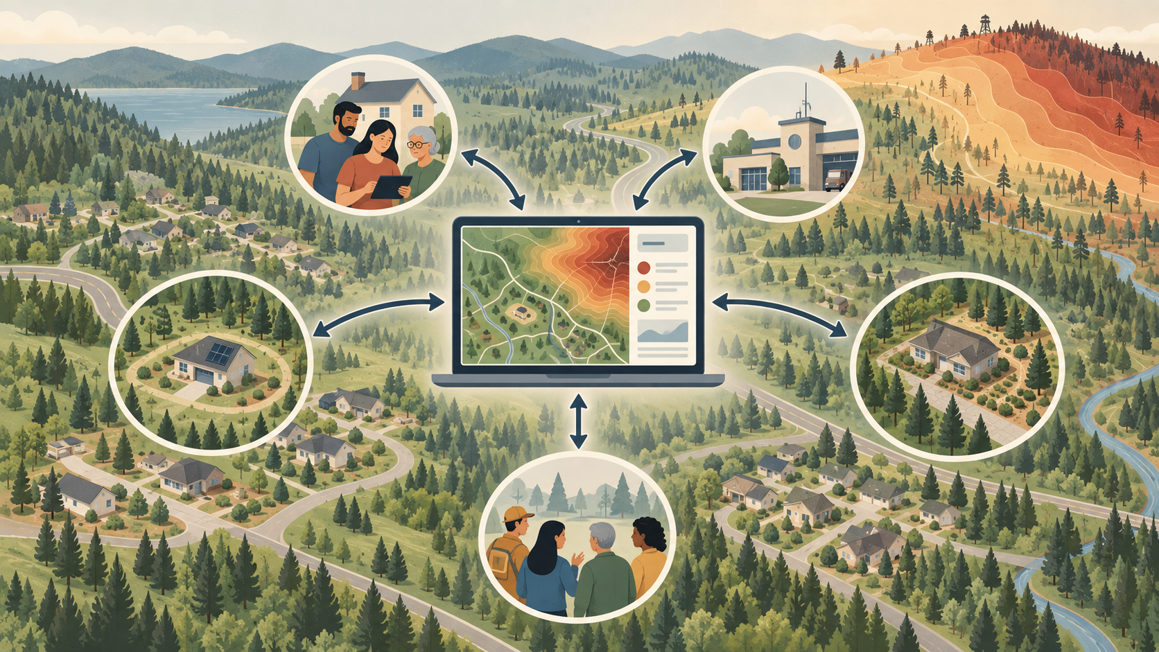 Conceptual illustration of a dynamic wildfire-risk platform connecting residents, local government, homes, and community groups through multidirectional information exchange.