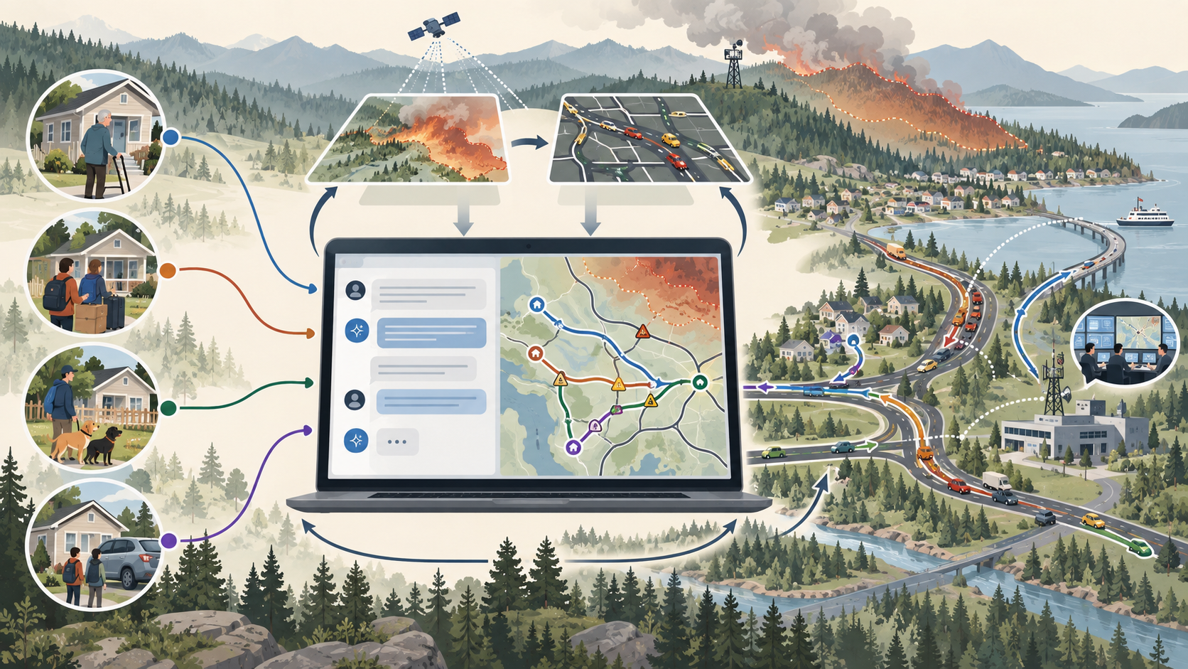Conceptual illustration of EVAC-Advisor balancing personalized household evacuation needs with wildfire conditions, traffic congestion, and community-wide safety goals.
