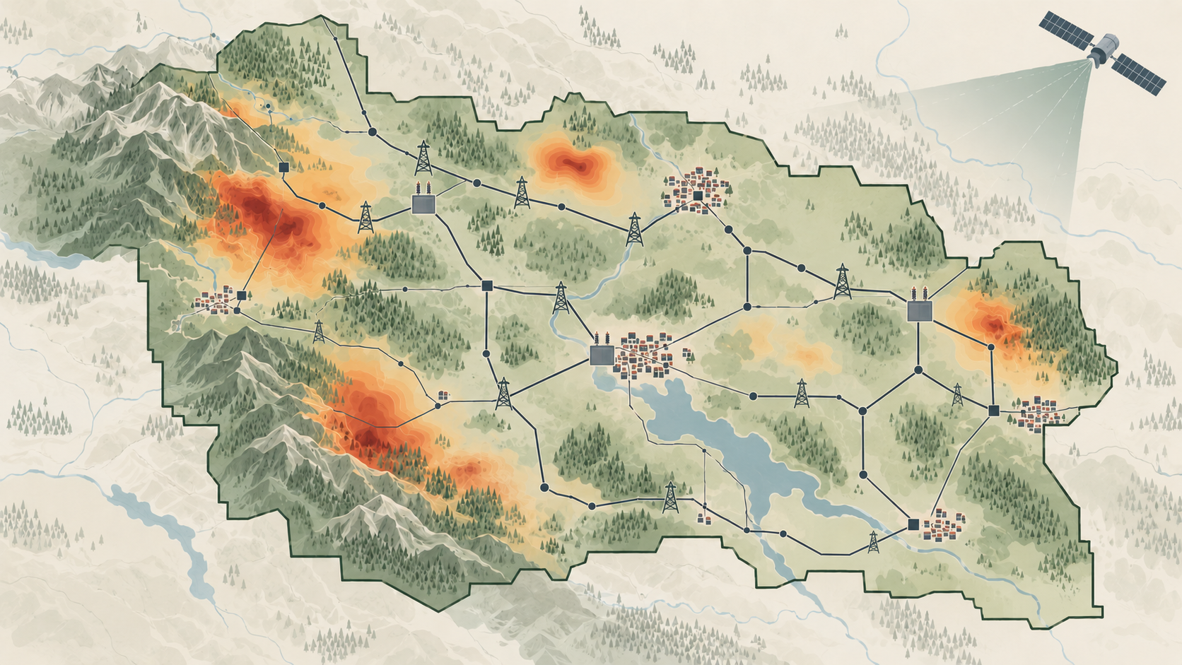 Conceptual illustration of satellite-informed wildfire and power-outage risk predictions across an anonymized utility service area, including transmission lines, substations, and communities.